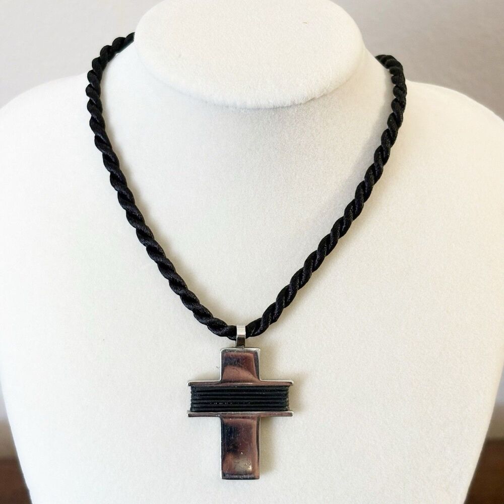 Stainless Steel Silver Cross Pendant W/ Cord Necklace 18”